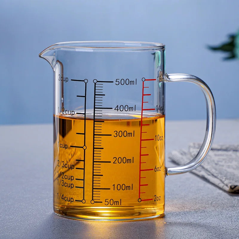Borosilicate Glass Measuring Jug with Handle & V-Shaped Spout – Clear Scale Measuring Cup – Best for Baking, Liquids & Microwave Use – Available in 400ml, 500ml, 600ml & 1000ml