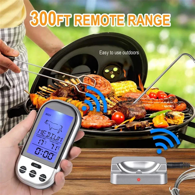 Wireless Digital Meat Thermometer with Wired Oven Probe – Large Backlit LCD Display, Base Dock & Temperature Alarm – Best for Roasting, Baking & Grilling
