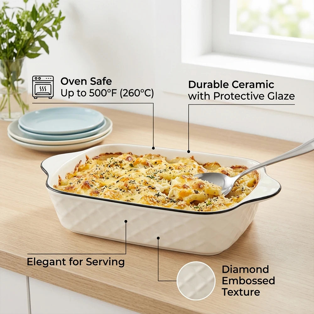 3 Piece Ceramic Baking Dish Set with Handles – 950ml Diamond Pattern Oven Dishes with Black Rim – Best for Lasagne, Pies & Casseroles