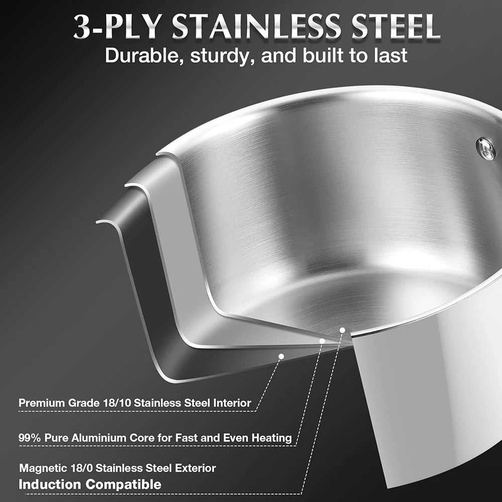 10 Piece Tri-Ply Stainless Steel Cookware Set with Lids – Saucepans, Deep Frying Pan, Casserole & Skillets – Best for Induction & Family Cooking