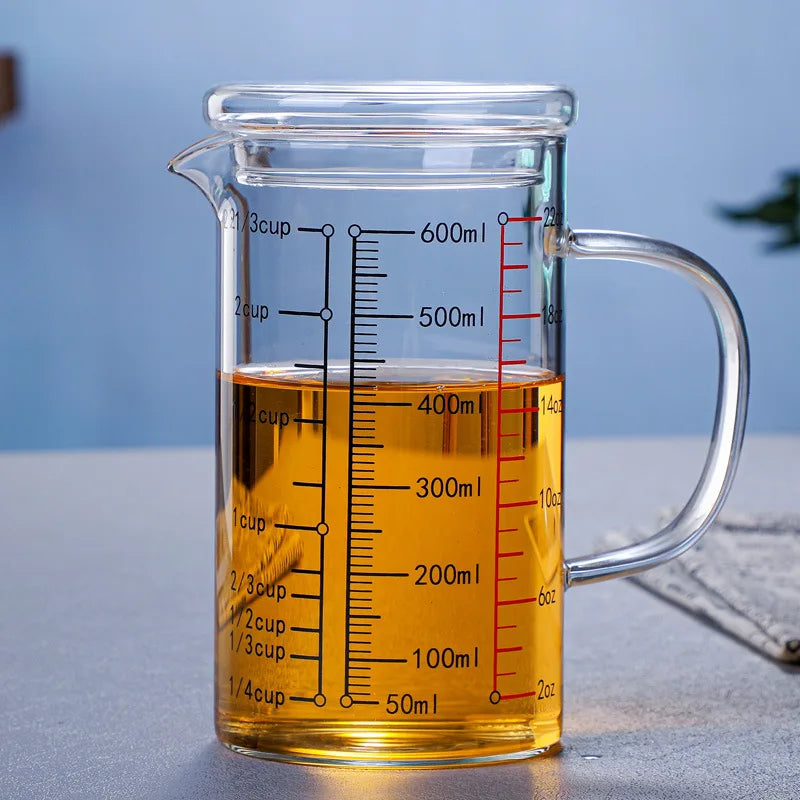 Borosilicate Glass Measuring Jug with Handle & V-Shaped Spout – Clear Scale Measuring Cup – Best for Baking, Liquids & Microwave Use – Available in 400ml, 500ml, 600ml & 1000ml