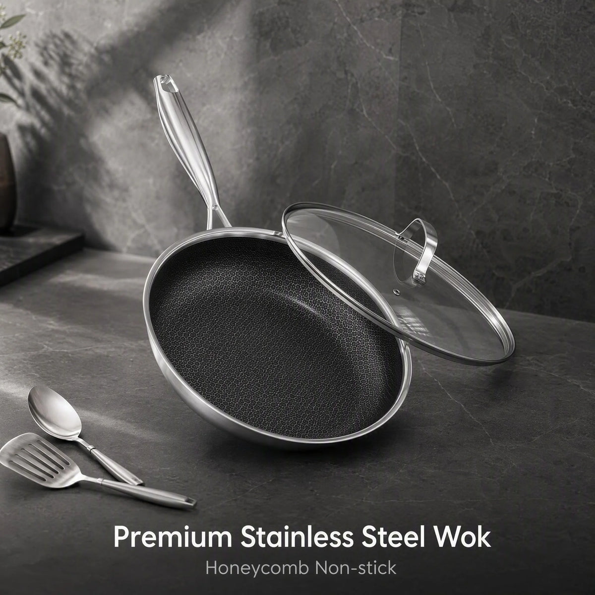 Honeycomb Stainless Steel Non-Stick Frying Pan with Lid – 3-Ply Scratch-Resistant Induction Skillet with Hanging Handle – Ideal for Low-Oil Cooking (28cm)