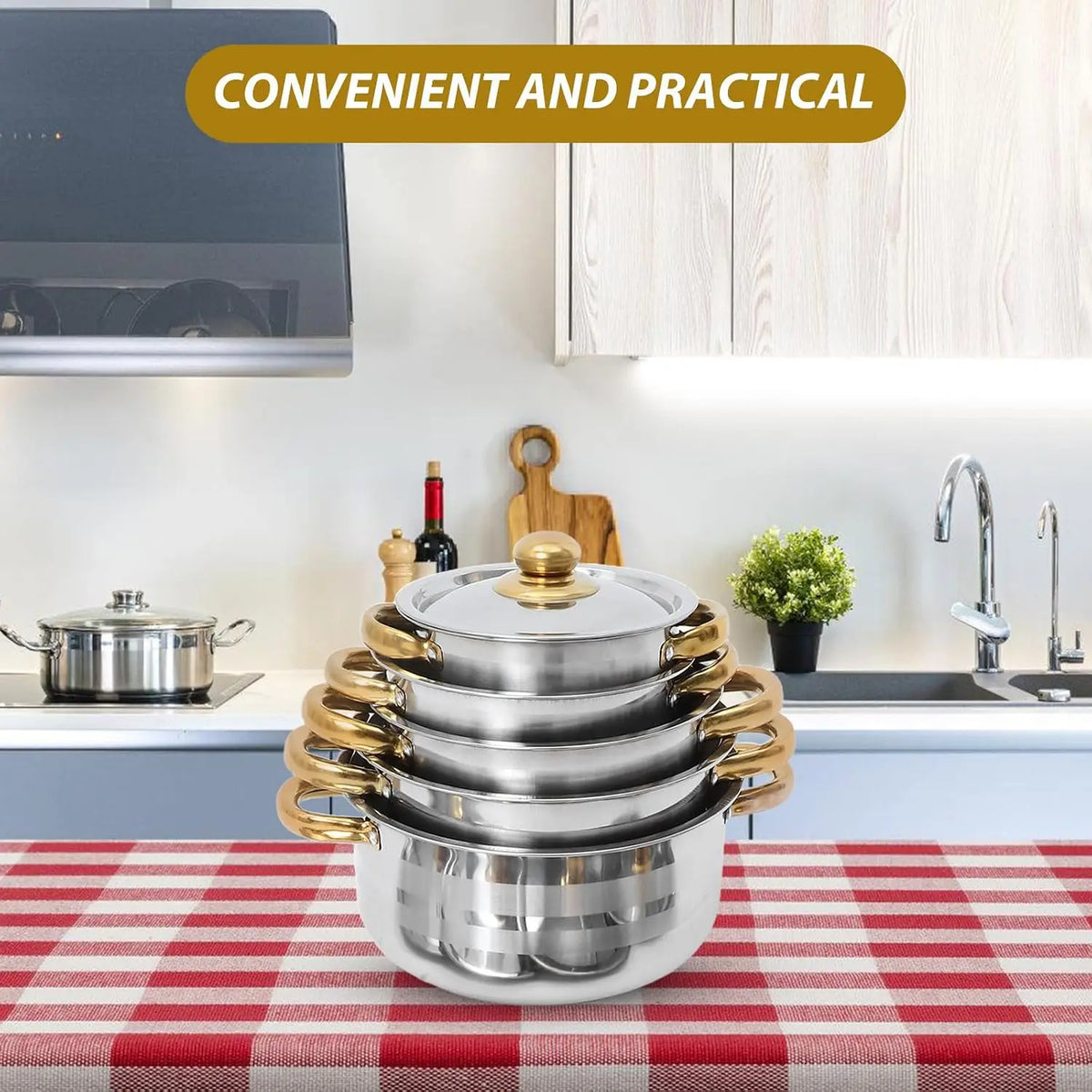 Golden Handle Stainless Steel Cookware Set with Lids – 5 Piece Pots & Saucepan Set – Perfect for Induction, Gas & Oven Cooking