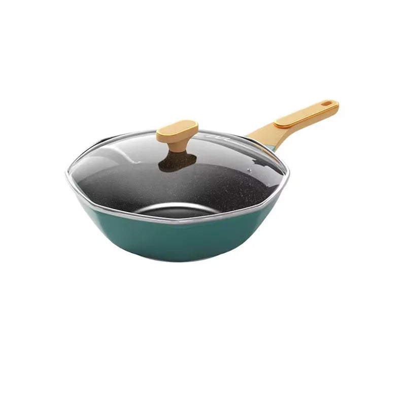 Octagonal Medical Stone Non-Stick Wok Frying Pan with Glass Lid – Deep Skillet for Stir-Fries, Sautéing, Frying, Soup, Noodles, Steak, Eggs, Pancakes & One-Pan Meals – Induction & Gas Compatible – Available in 28cm,Green & White Colour