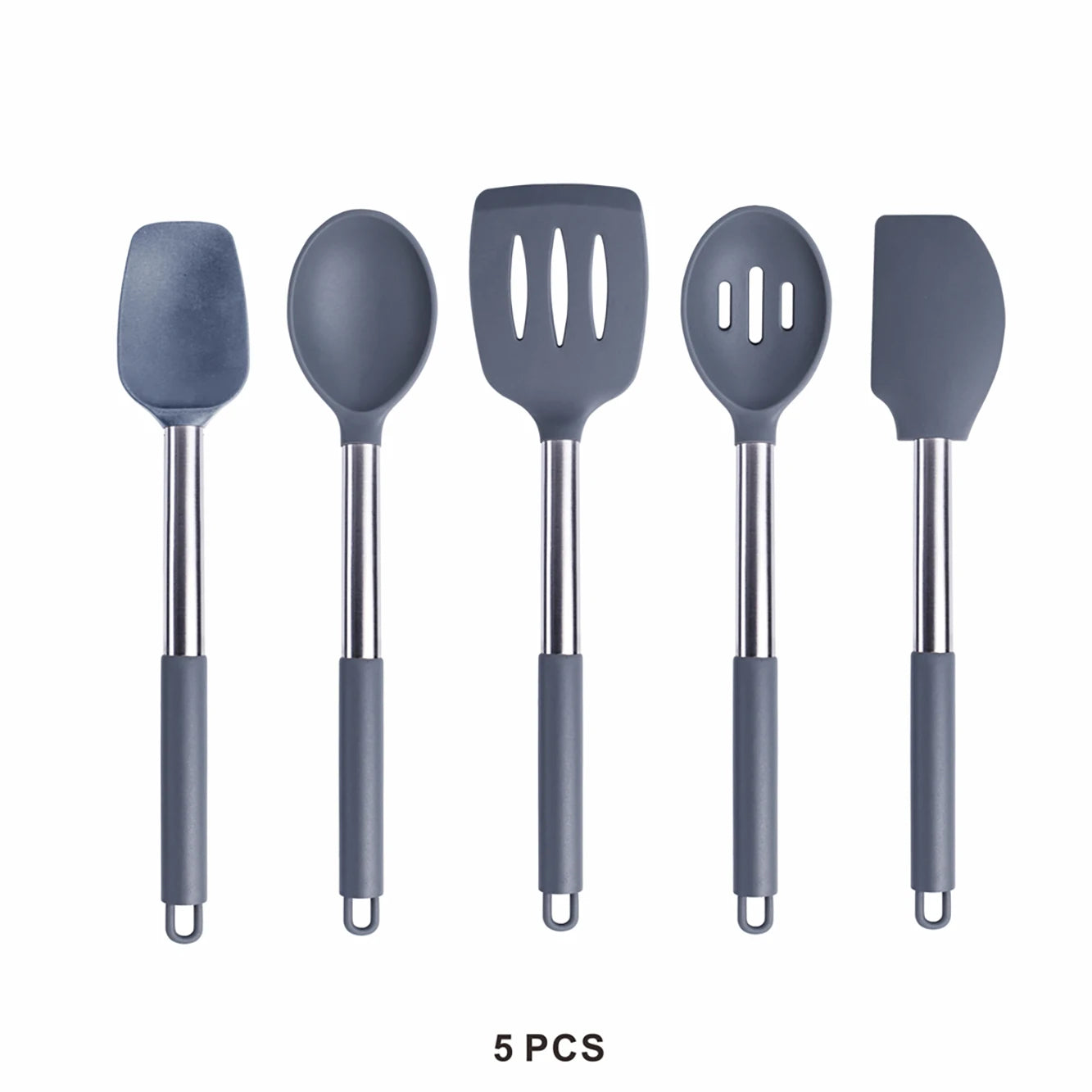 Silicone Kitchen Utensils Set with Stainless Steel Handles – Non-Stick Safe, Heat Resistant | Grey & Black | Available in 5 to 15-Piece Sets