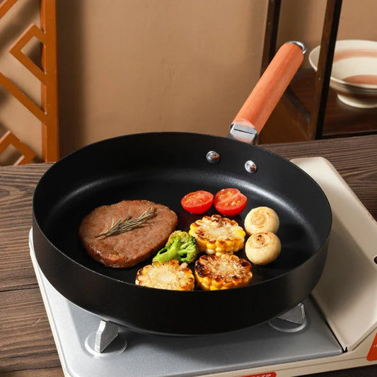Non-Stick Flat-Bottom Frying Pan with Wooden Handle – Skillet for Gas & Induction Stoves, Perfect for Pancakes, Eggs, and Home Cooking, Available in 3 Sizes (24cm/26cm/28cm)