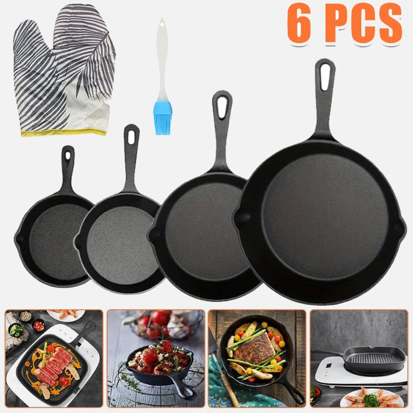 6 Piece Cast Iron Skillet Set – Pre-Seasoned 10cm, 14cm, 16cm & 20cm Pans with Oil Brush & Heat-Resistant Glove – Ideal for Hob, Grill & Campfire Cooking