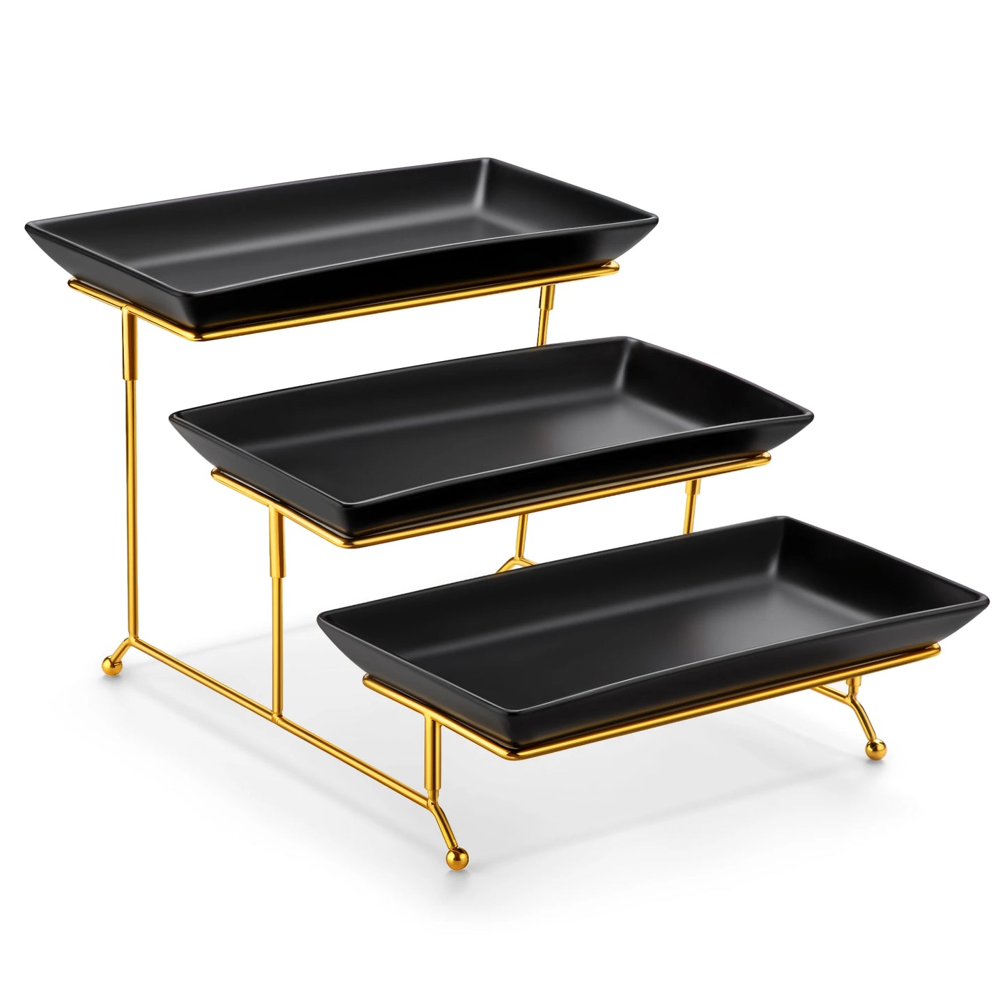 3-Tier Porcelain Buffet Food Display Platter with Stand | Stepped Staggered Design | 12 & 14 Inch