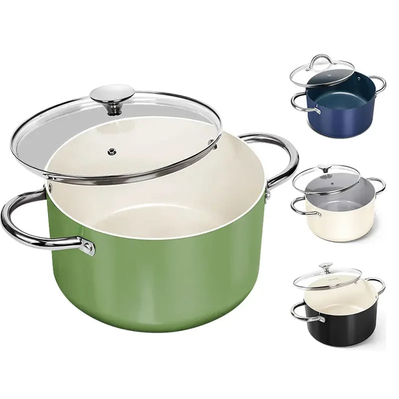 Ceramic Stock Pot with Glass Lid – 6-Quart Non-Stick Cooking Pot, Induction-Compatible – Ideal for Soups, Stews, Curries, Simmering, Sautéing & One-Pot Meals – Available in Green, Blue, Beige & Black