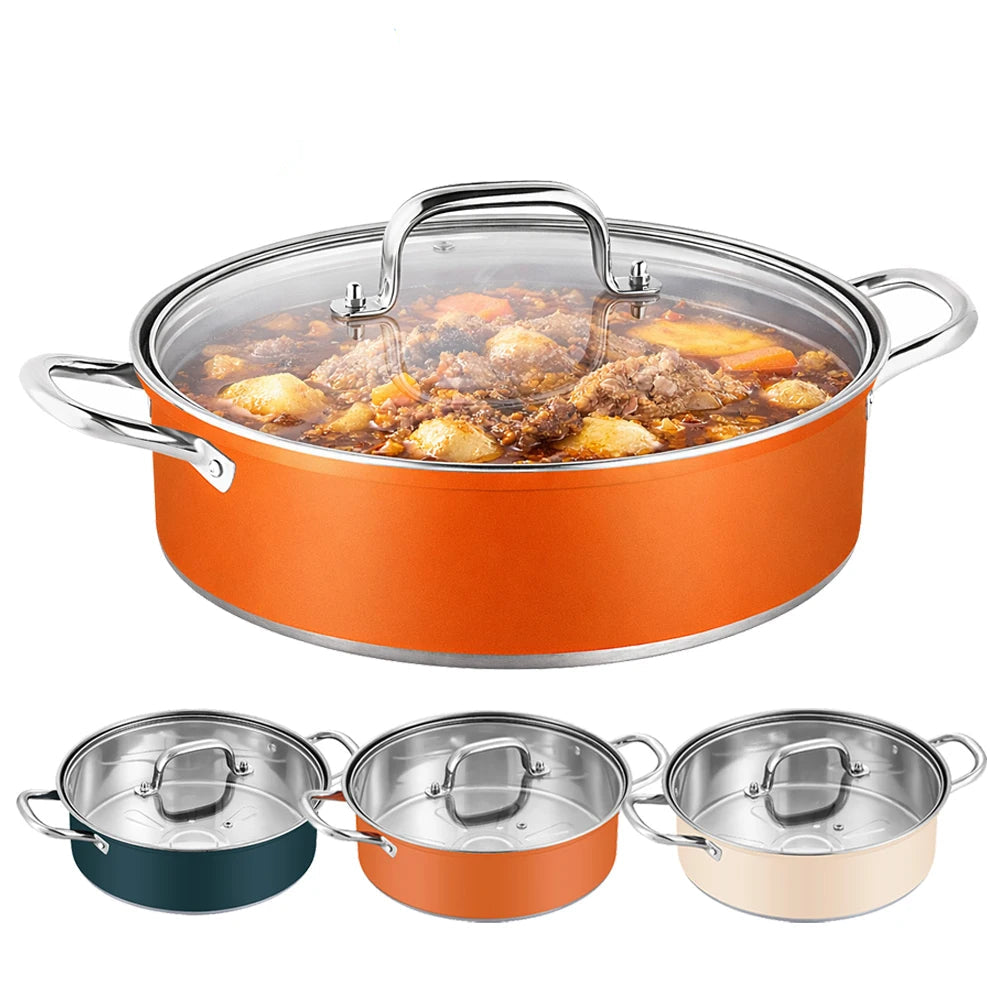 28cm Colorful Stock Pot with Glass Lid Premium Stainless Steel Stew Pot Induction Compatible Thick Cooking Pot for Soup Pasta