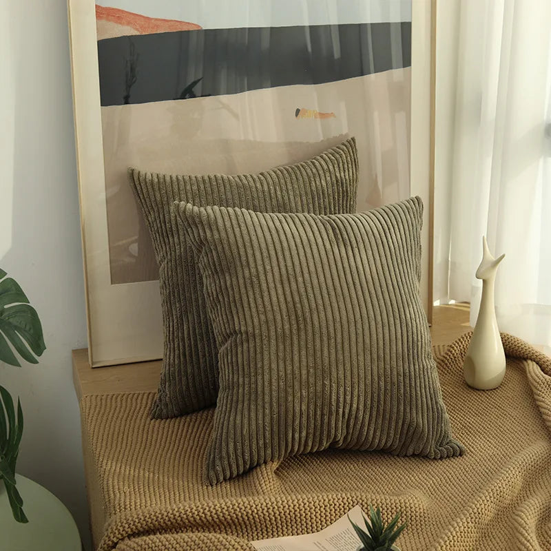 2 Piece Corduroy Striped Throw Pillow Cases 45x45cm – Soft Plush Decorative Cushion Covers – Great for Sofas, Beds & Living Rooms