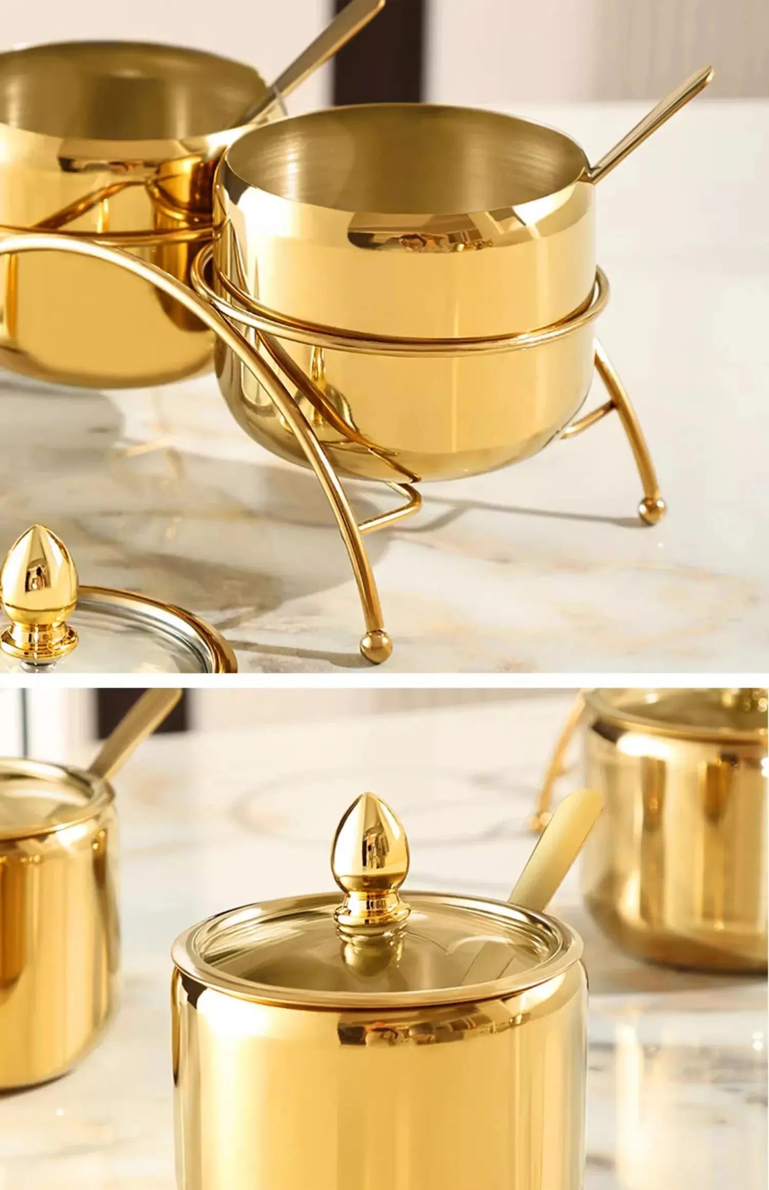 Luxury Golden 304 Stainless Steel Seasoning / Condiment Pot Set with Tempered Glass Lids, Matching Spoons & Storage Rack – Elegant Spice Containers with Food-Grade Coating – Ideal for Salt, Sugar, Spices & Condiments