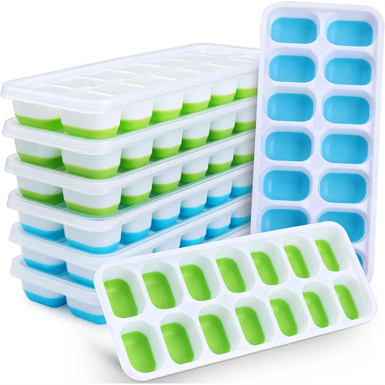 Easy-Release Ice Cube Tray with Lid – 14 Cube Stackable Ice Mould – Best for Chilling Water, Juice & Iced Coffee – Available in Pink, Green, Yellow & Blue Colours