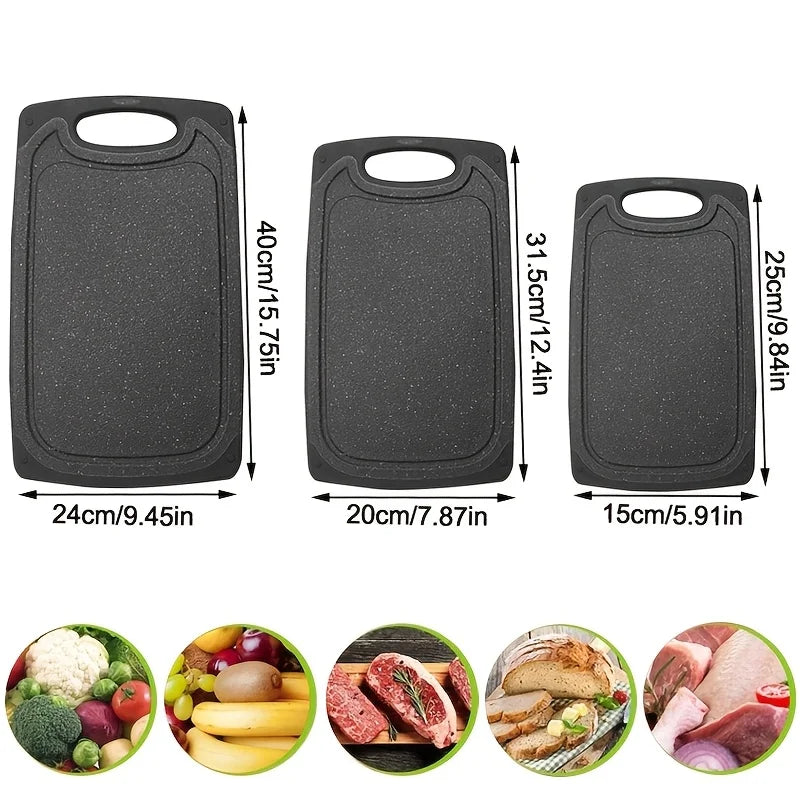 3 Piece Plastic Chopping Board Set – Large, Medium & Small Non-Slip Boards with Handles & Juice Grooves – Best for Meat, Veg & Fruit, Dishwasher Safe
