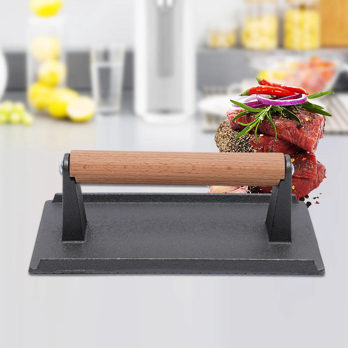 Cast Iron Burger & Steak Press with Wooden Handle – Heavy Duty Grill Press with Ridged Base – Great for Smash Burgers, Steaks & Paninis (21 x 10.5cm)