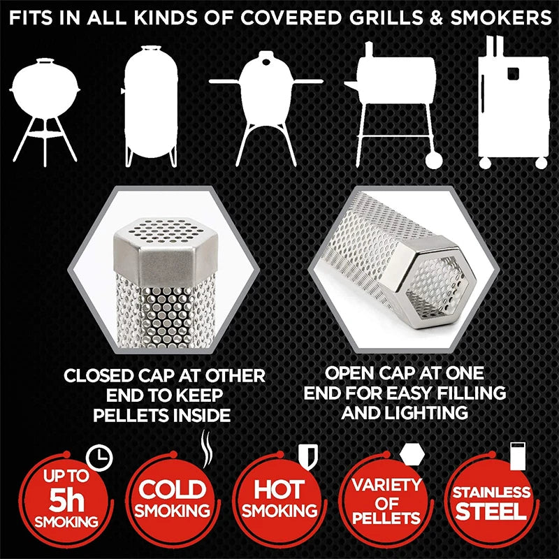 12 Inch Hexagon Stainless Steel Pellet Smoker Tube – BBQ Wood Pellet Smoke Generator – Ideal for Hot & Cold Smoking up to 5 Hours