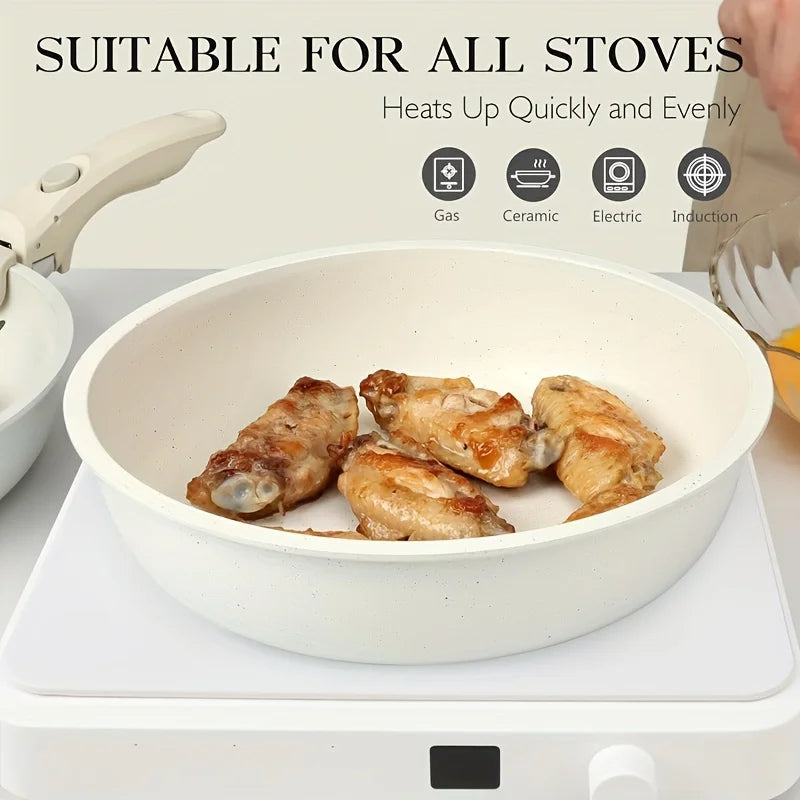 KEMORELA 5pcs White Nonstick Cookware Set with Detachable Handles - Stackable Oven Safe Pots & Pans for Camping and Home Kitchen