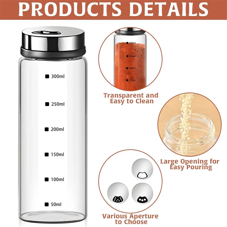 Glass Salt & Pepper Shaker Bottles with Adjustable Outlet Holes – Kitchen Spice Dispenser Jars – Ideal for Salt, Pepper, Herbs & Seasonings – Available in 150ml, 200ml, 300ml & 500ml