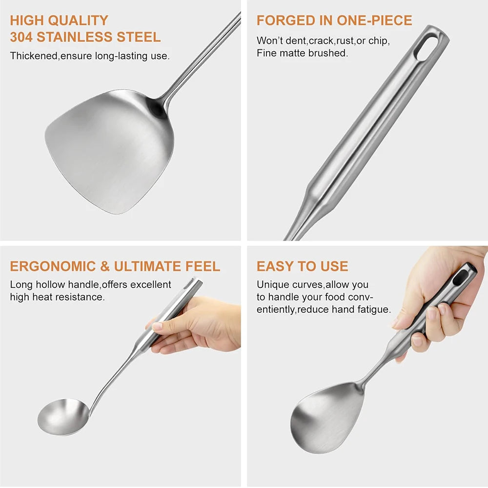 13-Piece Stainless Steel Kitchen Utensils Set – Long 304 Stainless Steel Cooking Utensil Set, Includes Ladle, Whisk, Tongs, Spatula, Skimmer, Turner, Pasta Server & More, Heat-Resistant & Dishwasher Safe