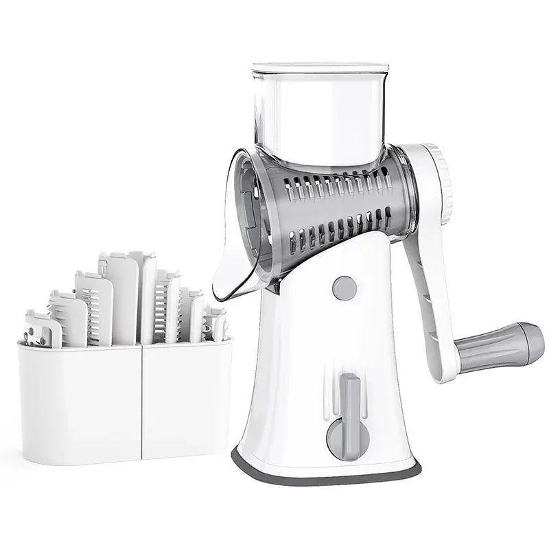 5-in-1 Rotary Cheese and Vegetable Grater with Handle and Suction Base – Multifunctional Interchangeable Rotating Drum Blades for Slicing, Shredding, and Grinding.(Available in Green, White, and Black Colours) WHITE