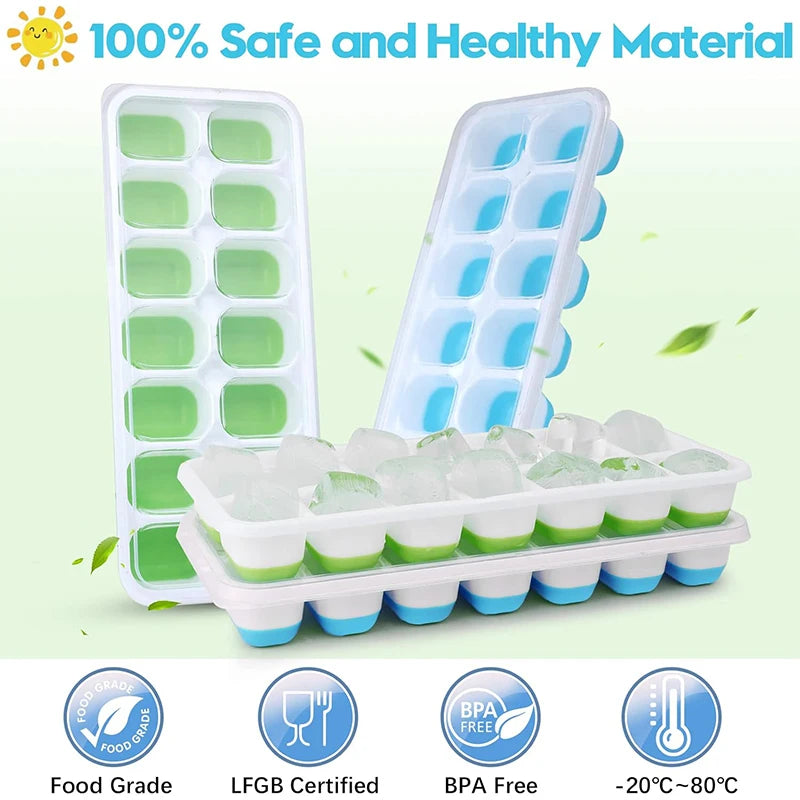 Easy-Release Ice Cube Tray with Lid – 14 Cube Stackable Ice Mould – Best for Chilling Water, Juice & Iced Coffee – Available in Pink, Green, Yellow & Blue Colours