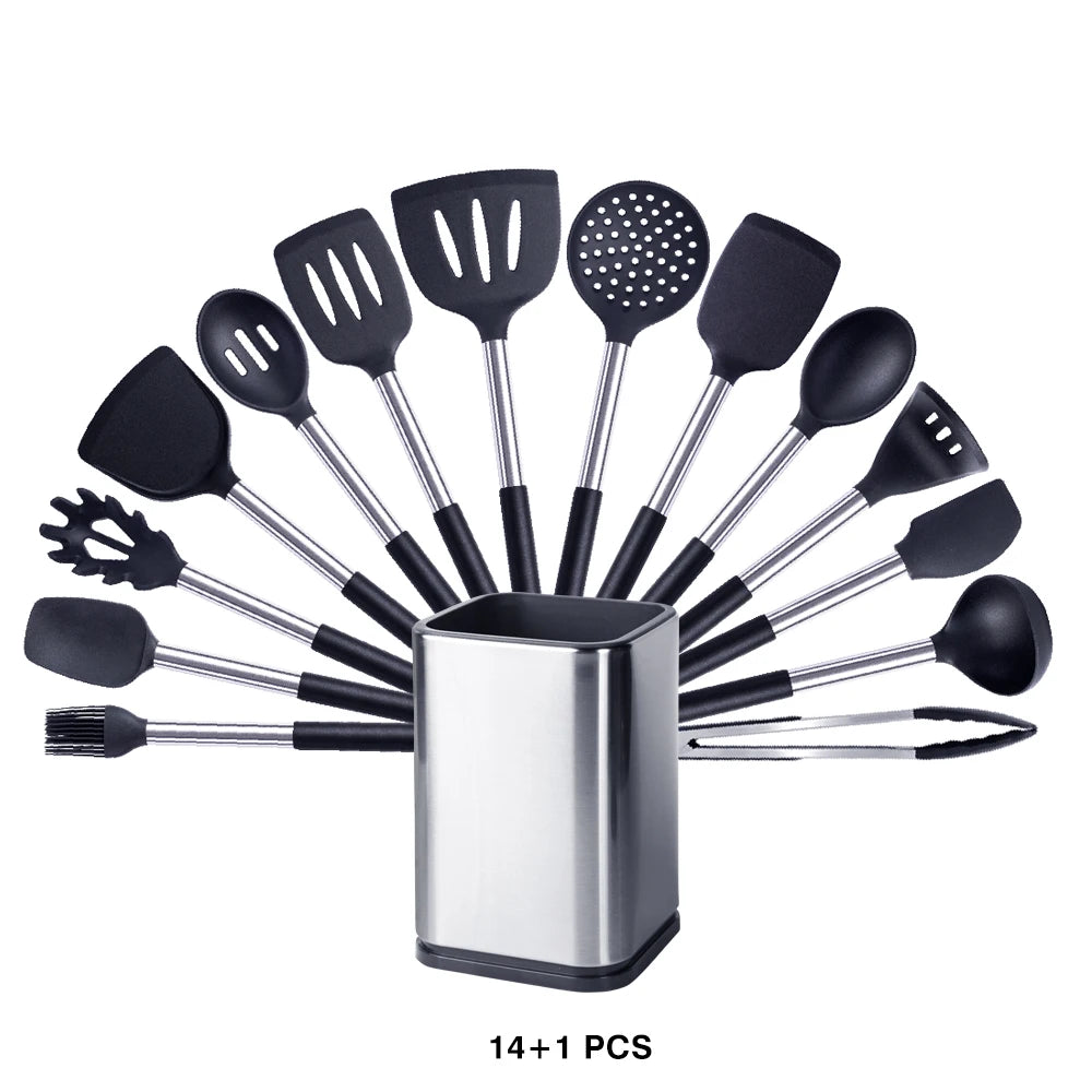 Silicone Kitchen Utensils Set with Stainless Steel Handles – Non-Stick Safe, Heat Resistant | Grey & Black | Available in 5 to 15-Piece Sets