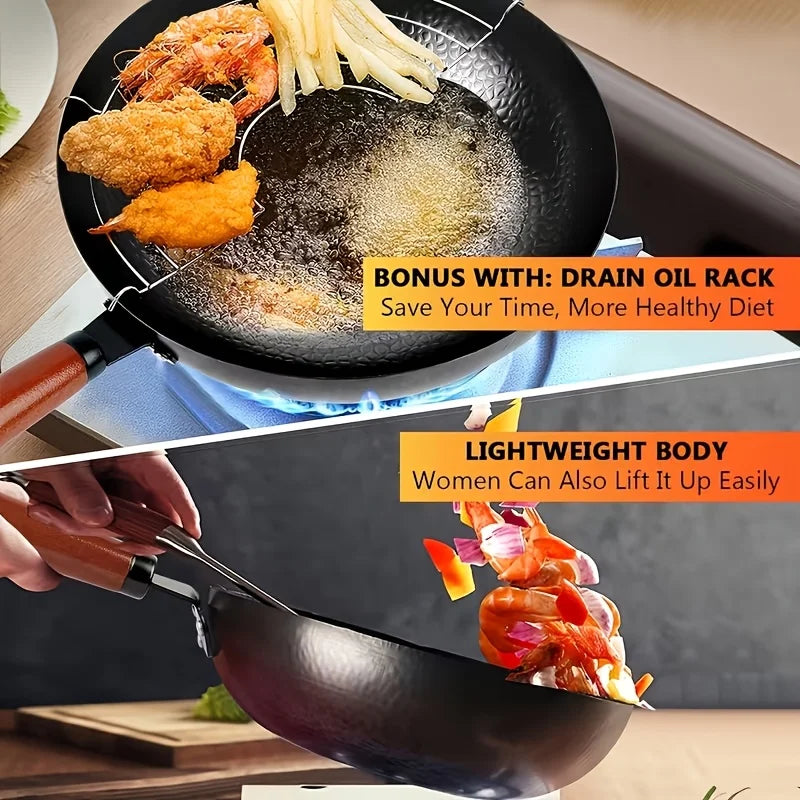 Traditional Iron Wok with Wooden Lid – Uncoated Metal Spatula Safe Stir-Fry Wok – Great for High-Heat Stir-Fries on Gas & Induction (32cm)