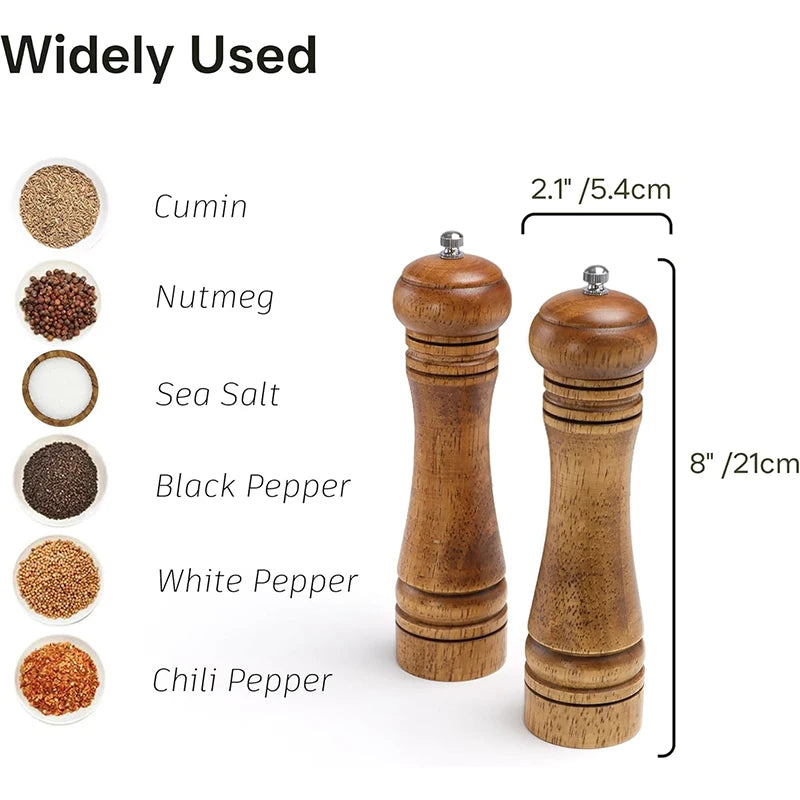Oak Wood Salt & Pepper Grinder Set with Adjustable Ceramic Grinder – Wooden Pepper Mill & Salt Grinder – Great for the Kitchen & Dining Table – Available in 5 Inch, 8 Inch & 10 Inch