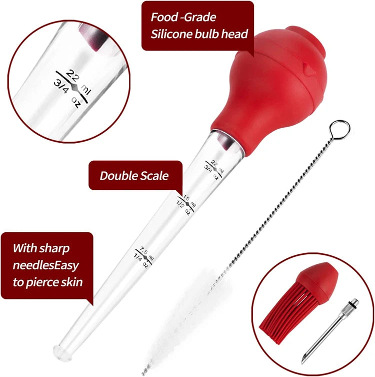 Stainless Steel Turkey Baster with Basting Brush & Injector Needle – Meat Baster Syringe – Great for Roasting Turkey, Chicken & BBQ – Available in Black & Red Colours