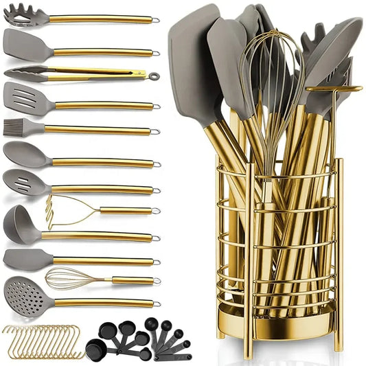 Golden Stainless Steel & Silicone Kitchen Utensils Set – Heat-Resistant, Non-Stick Safe Spatulas, Spoons, Turners, Whisk, Brush & More with Matching Golden Utensil Holder – Perfect for Modern Kitchens