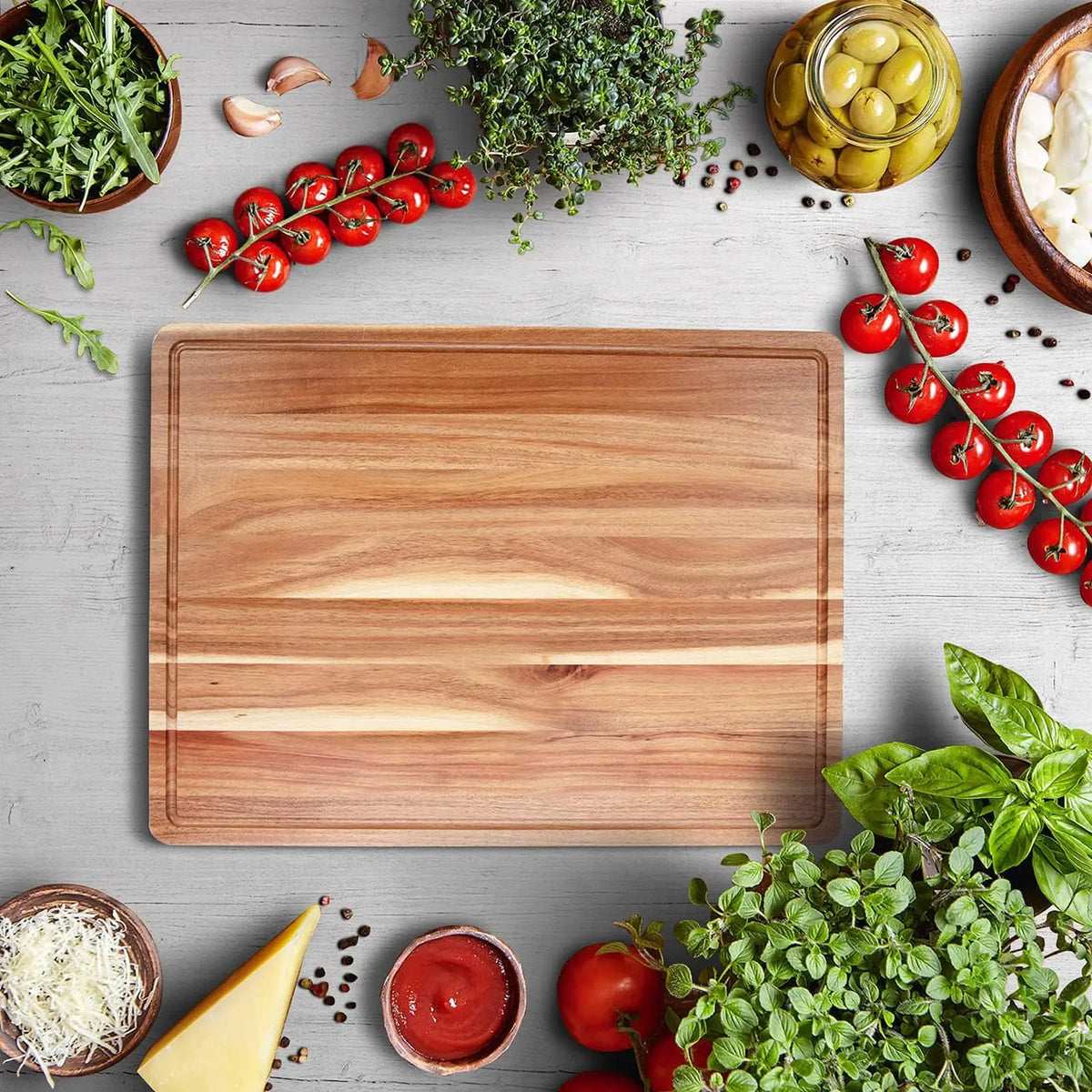 Acacia Wood Butcher Block Chopping Board – Extra Thick Reversible Board with Deep Juice Groove & Built-In Handles – Ideal for Meat & Veg Prep – Available in 50.8 x 38cm & 61 x 45.7cm