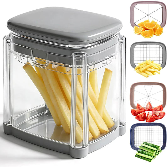 4 in 1 French Fry Cutter & Potato Slicer with Container – Manual Vegetable Chopper with 4 Stainless Steel Blades – Great for Chips, Wedges & Diced Veg
