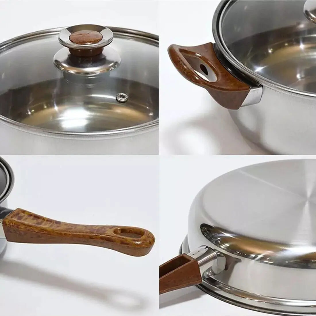 6 Piece Stainless Steel Cookware Set with Glass Lids & Wood-Effect Handles – Uncoated Mirror-Polished Pots & Pans – Best for Induction & Healthy Cooking
