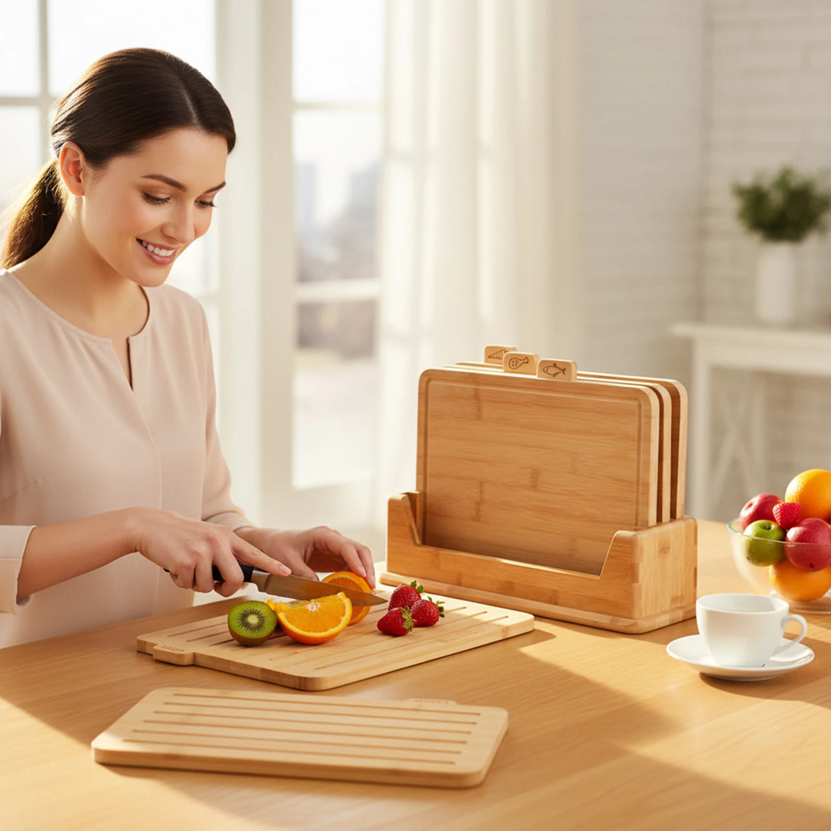 Bamboo Chopping Boards with Food Symbols – Set of 4 with Storage Rack & Juice Grooves – Great for Meat, Veg, Fruit & Fish