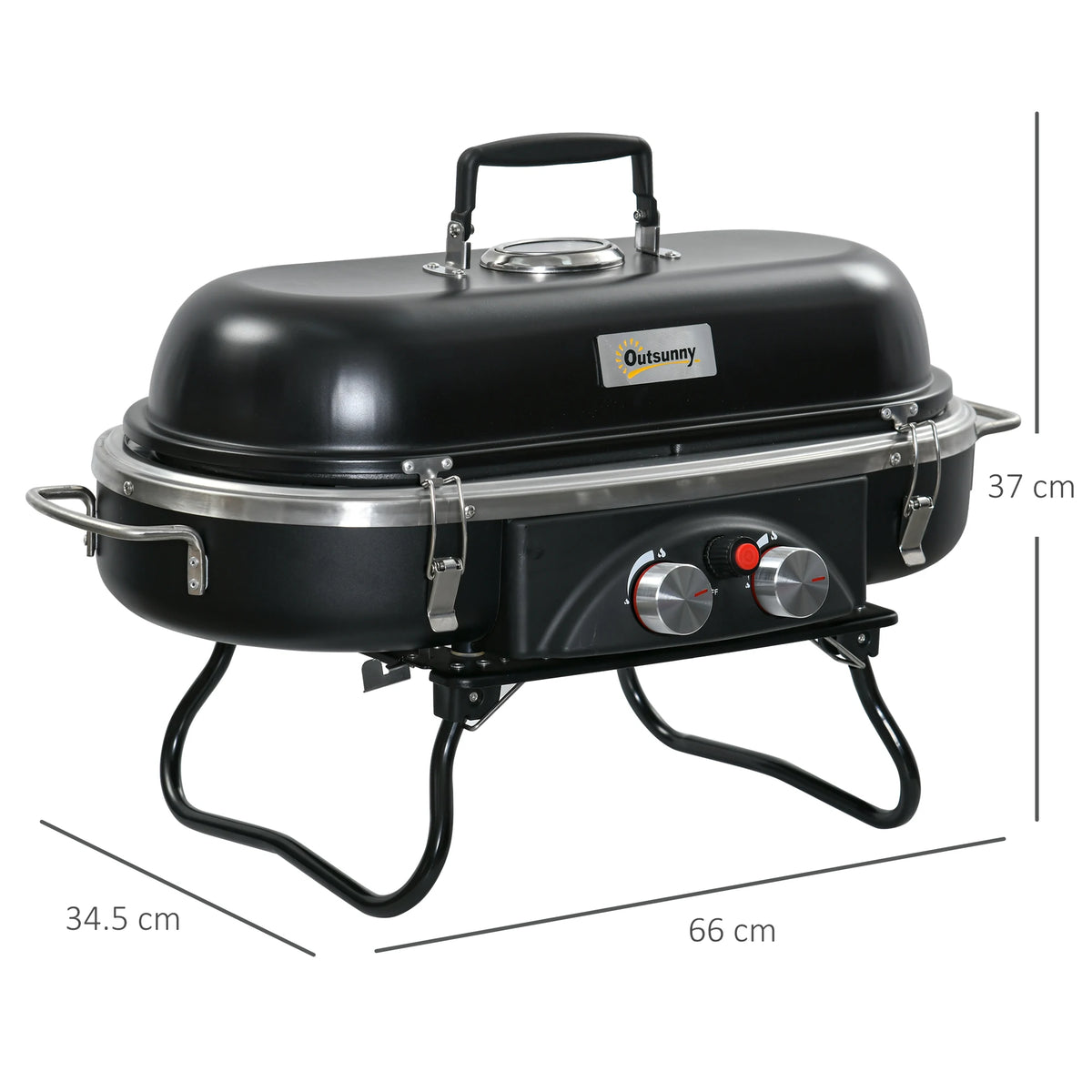 Portable 2 Burner Gas BBQ Grill with Lid & Thermometer – Foldable Camping Gas Barbecue with Piezo Ignition – Great for Picnics, Festivals & Garden
