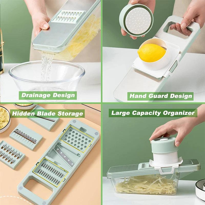6 in 1 Mandoline Vegetable Slicer with 6 Interchangeable Stainless Steel Blades – Julienne Shredder & Veggie Slicer – Perfect for Salads & Meal Prep – Available in Light Green & Light Grey Colours