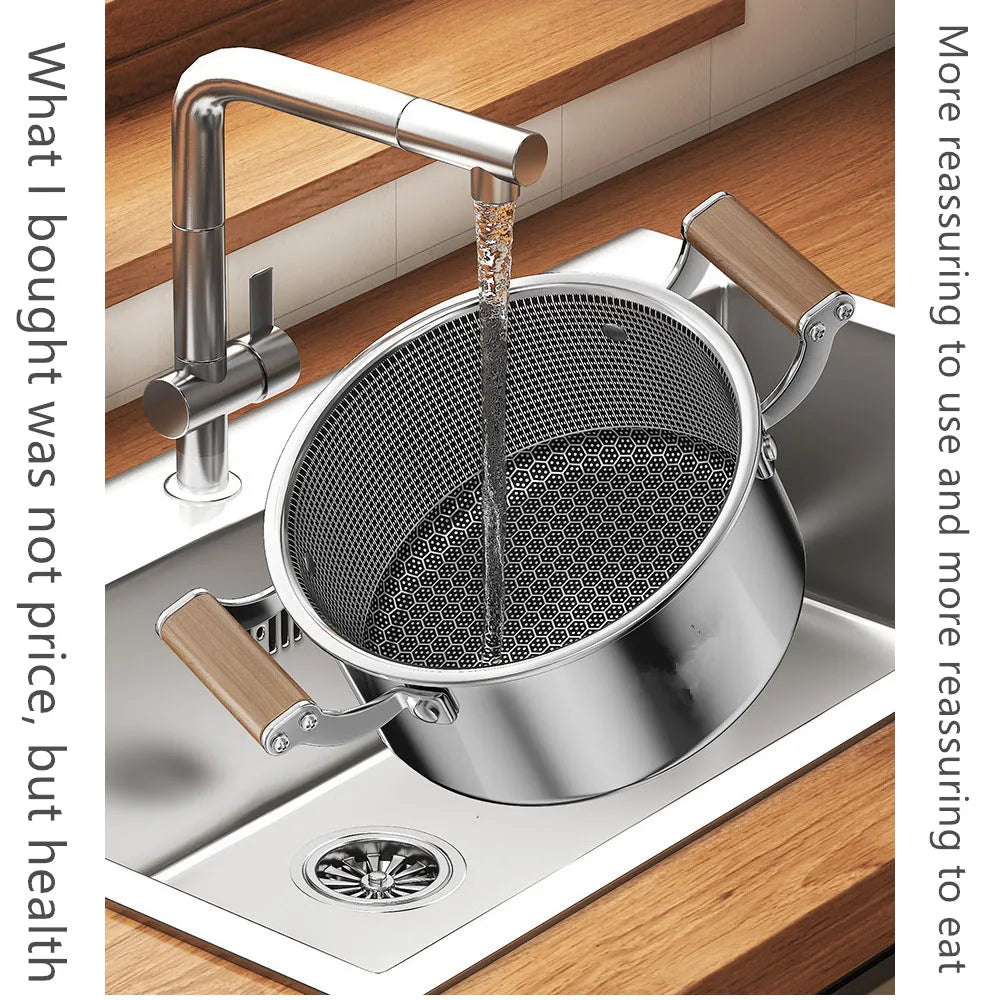 Honeycomb Stainless Steel Soup Pot with Lid – Multi-Purpose Non-Stick Pot for Frying, Stewing, Searing, Stir-Fry, Soup & Stock – Works on All Stovetops – Available in 20cm, 22cm, 24cm (with lid), and 26cm (without lid)