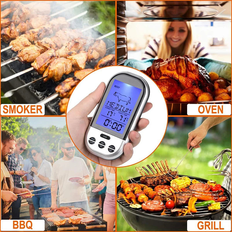 Wireless Digital Meat Thermometer with Wired Oven Probe – Large Backlit LCD Display, Base Dock & Temperature Alarm – Best for Roasting, Baking & Grilling