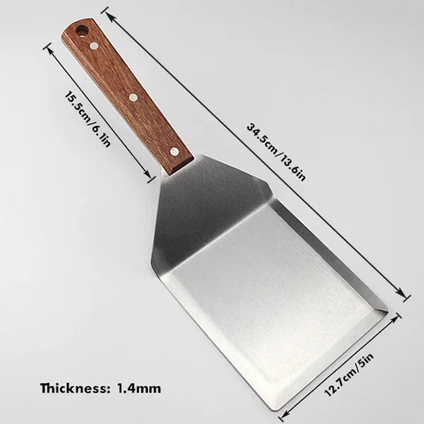 Stainless Steel Grill Spatula with Cutting Edge Wooden Handle— Dark