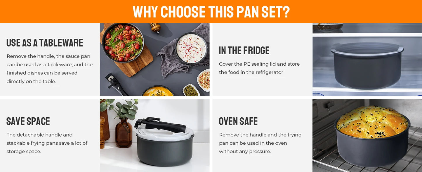 Non-Stick Saucepan Set with Detachable Handle & Fridge-Safe Sealing Lids – Durable PFOA-Free Black Aluminium Cookware for Soup, Sauces, Curries, Boiling, Simmering, Frying & Daily Cooking, Oven Use & Compact Storage