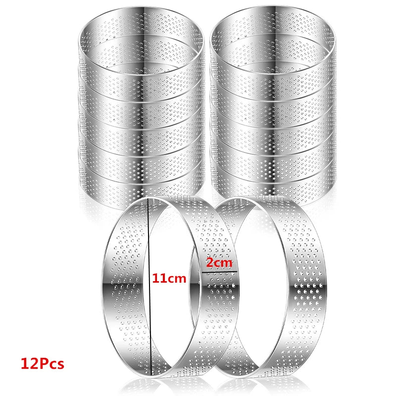 12 Piece Perforated Stainless Steel Tart Rings – Non-Stick Round Cake & Mousse Rings – Ideal for Tarts, Mousse Cakes & Desserts