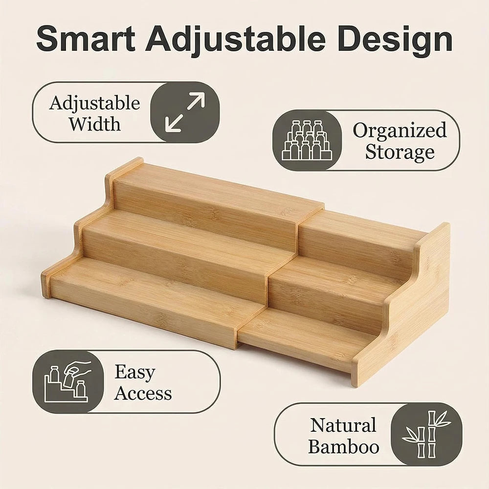 3 Tier Expandable Bamboo Spice Rack – Cabinet Spice Shelf & Seasoning Organiser Stand – Perfect for Kitchen Cupboards & Worktops
