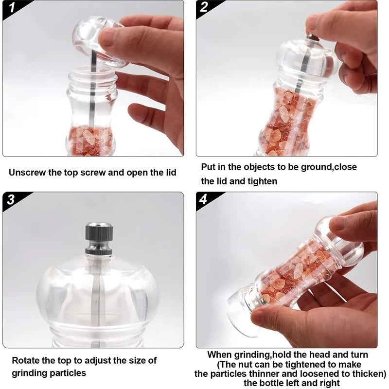 Clear Acrylic Salt & Pepper Grinder Mill with Adjustable Ceramic Coarseness – Refillable Sea Salt & Pepper Mill – Great for Sea Salt & Peppercorns – Available in 4, 5, 6 & 8 Inch