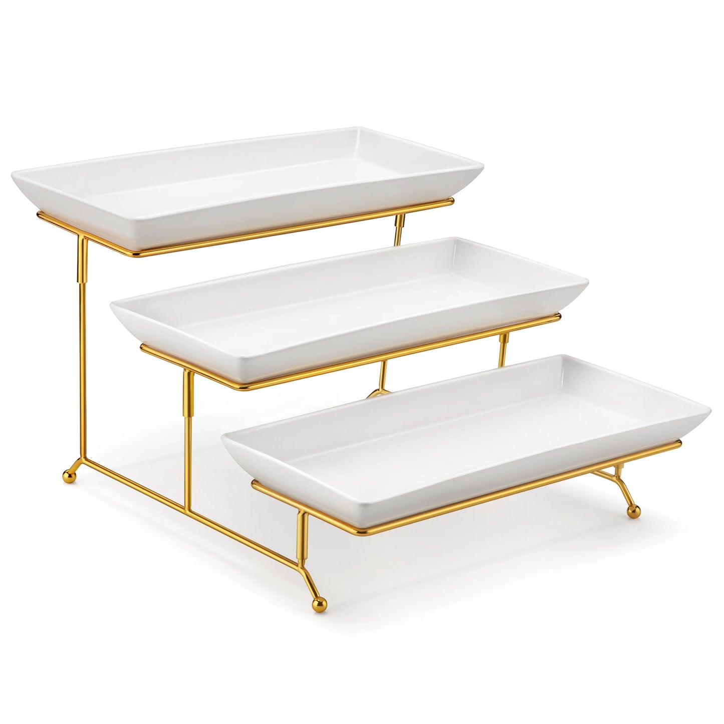3-Tier Porcelain Buffet Food Display Platter with Stand | Stepped Staggered Design | 12 & 14 Inch