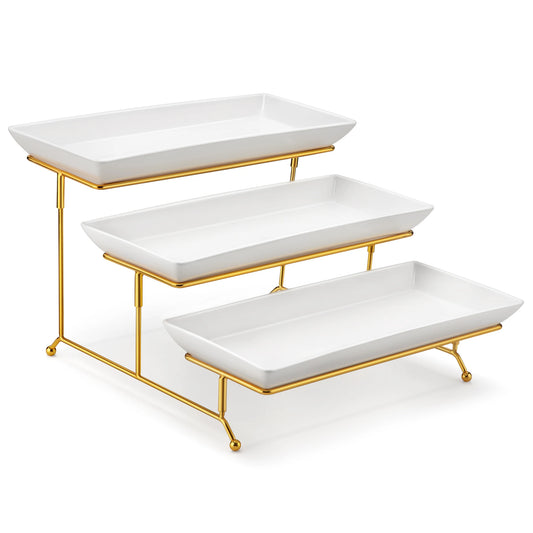 3-Tier Porcelain Buffet Food Display Platter with Stand | Stepped Staggered Design | 12 & 14 Inch