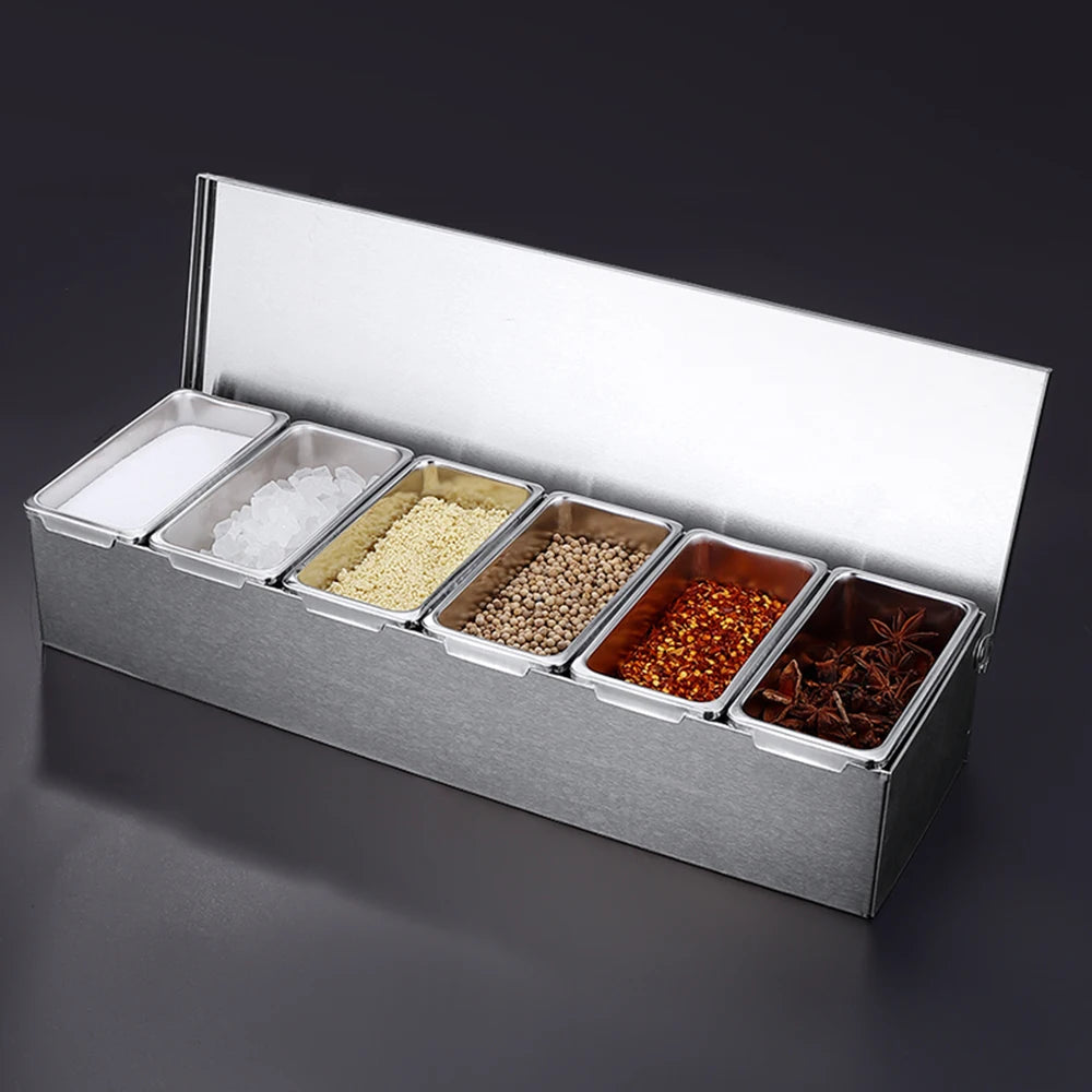 Stainless Steel 6-Compartment Seasoning Box with Lid