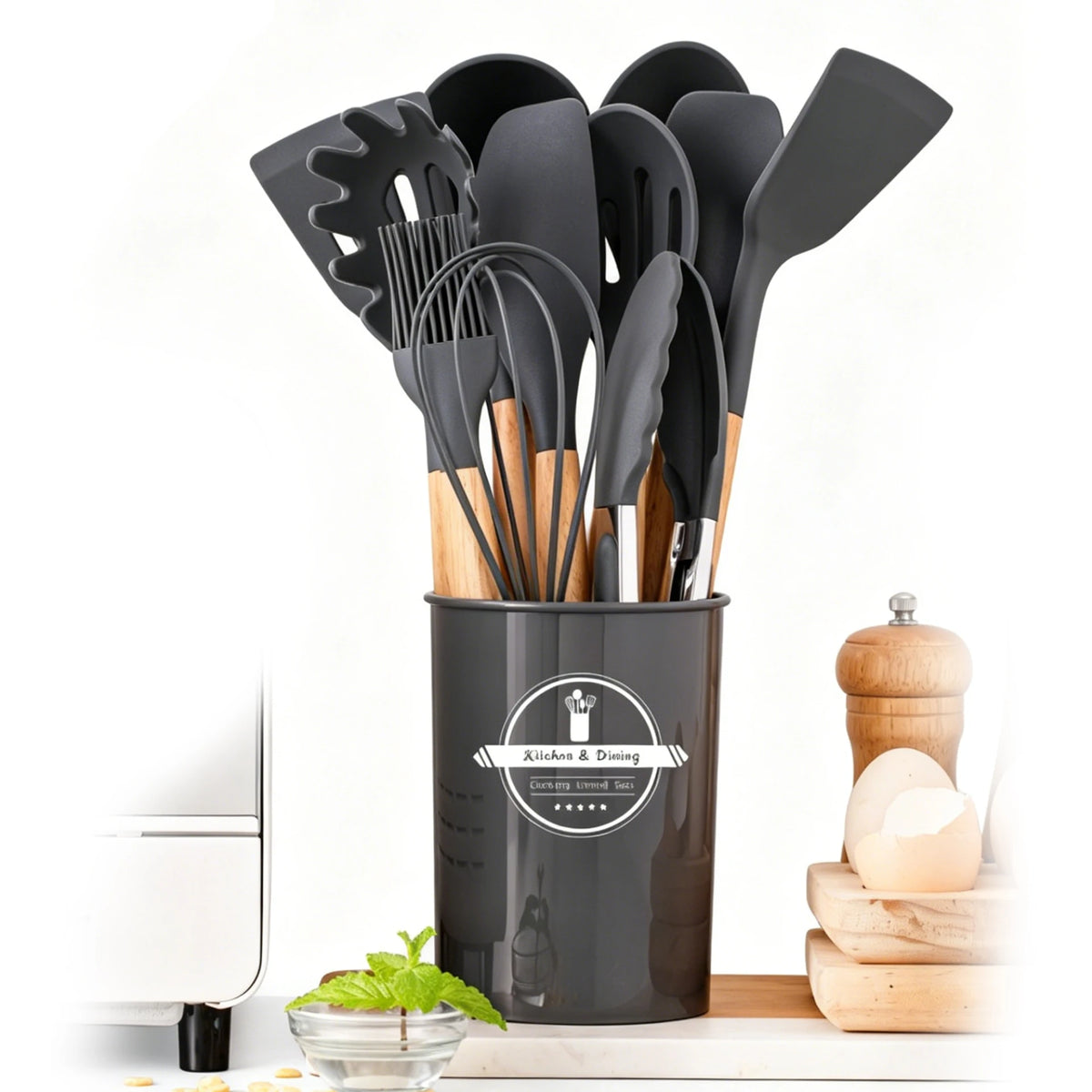 12 Piece Silicone Kitchen Utensil Set with Wooden Handles & Storage Pot – Heat Resistant BPA-Free Cooking Tools – Best for Non-Stick Cookware & Baking – Available in Black, White, Pink, Khaki & Light Green Colours