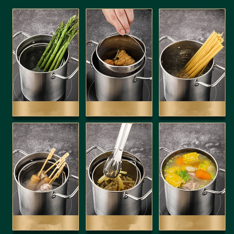 3L Stainless Steel Deep Fryer Pot with Lid & Mesh Basket – Japanese Tempura Frying Pot – Ideal for Chips, Chicken & Tempura – Available With or Without Tongs