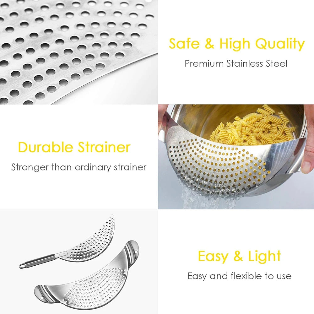 2 Piece 304 Stainless Steel Pot Strainer Set with Handles – Clip-On Pan Colander & Pasta Drainer with Recessed Grips – Great for Draining Pasta & Vegetables