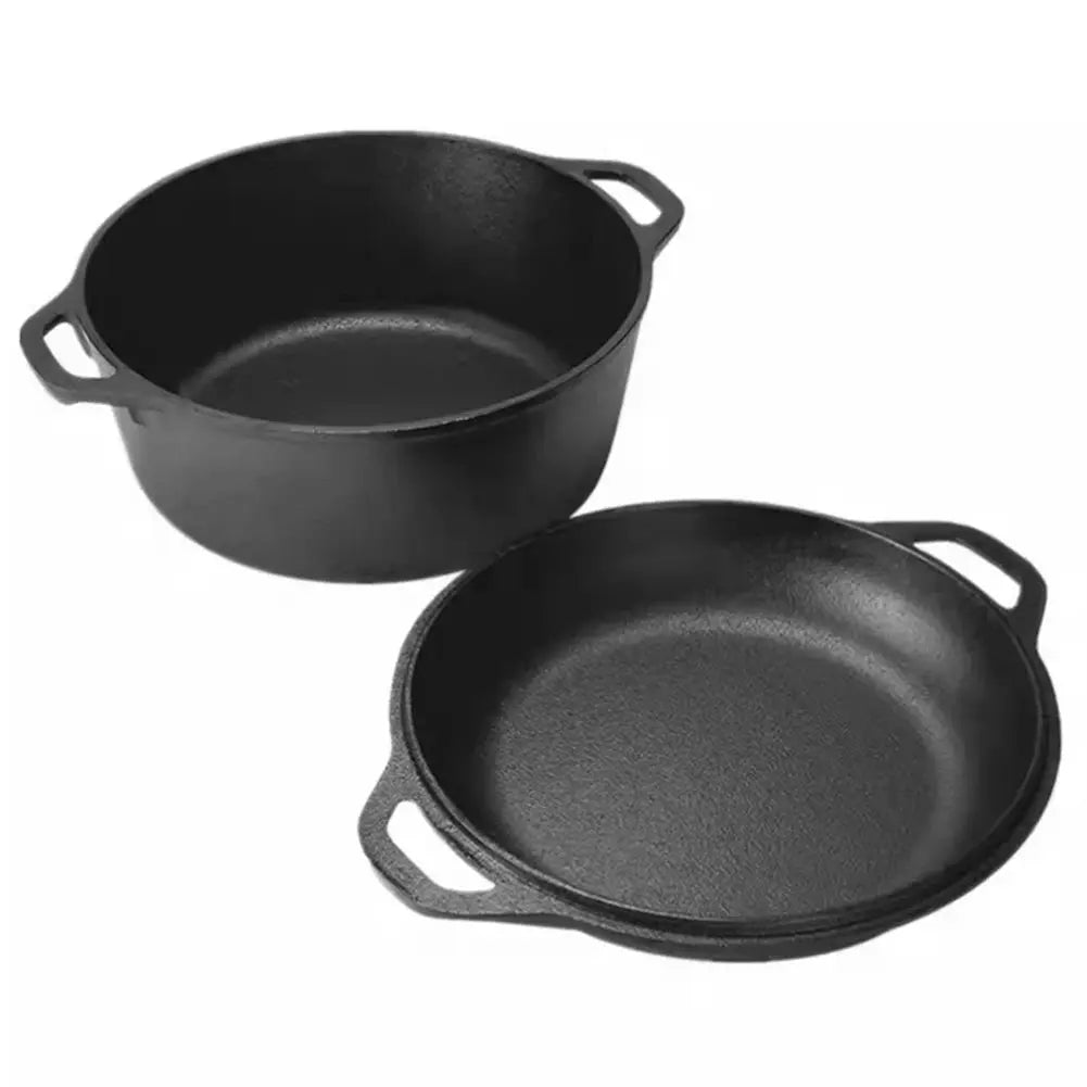 Pre-Seasoned Cast Iron 2-in-1 Dutch Oven Pot & Skillet – Multi-Purpose Cookware Set with Dual Handles for Baking Bread, Frying, Stewing, Camping & BBQ